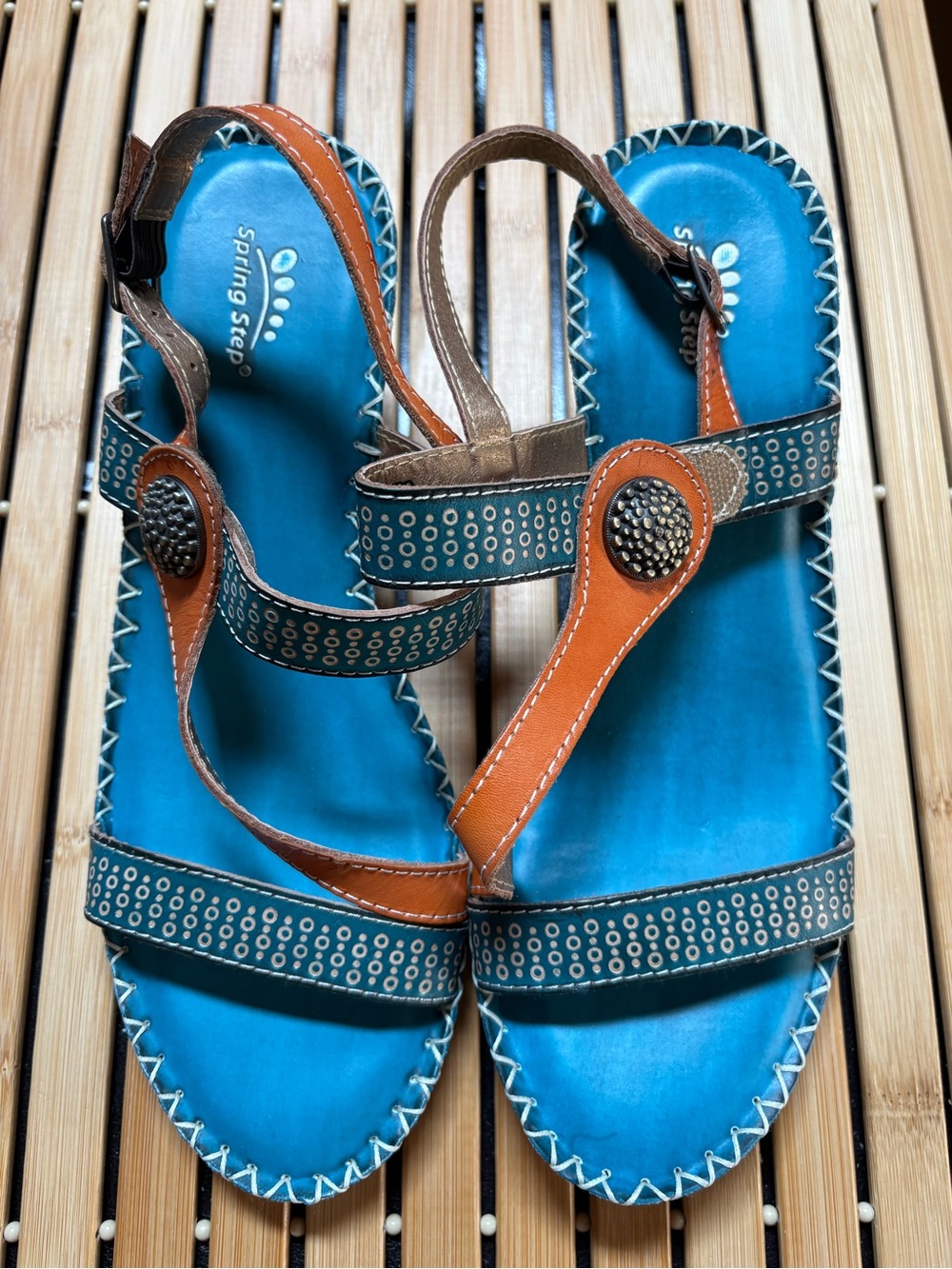 NWOB Spring Step Teal and Brown Stud-Accent Leather Sandals